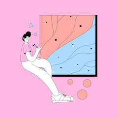 An artist is carefully creating artwork on a canvas (flat design style)