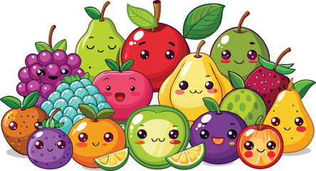Fototapeta premium Cute Cartoon Fruits set - Apple, Banana, Orange, Strawberry, Blueberry, Grape, Watermelon, Pineapple, Mango, Peach, Pear, Cherry, Raspberry, Blackberry, Kiwi, Lemon, Lime, Pomegranate, Plum, Avocado, 