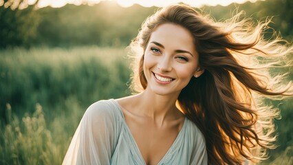 A beautiful woman with long brown hair smiles warmly as she stands in a field of green grass. The sun shines brightly behind her, creating a golden glow.