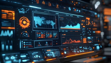 Naklejka premium Futuristic Digital Interface with Graphs and Data Displayed on a Black Screen