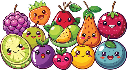 Fototapeta premium Cute Cartoon Fruits set - Apple, Banana, Orange, Strawberry, Blueberry, Grape, Watermelon, Pineapple, Mango, Peach, Pear, Cherry, Raspberry, Blackberry, Kiwi, Lemon, Lime, Pomegranate, Plum, Avocado, 