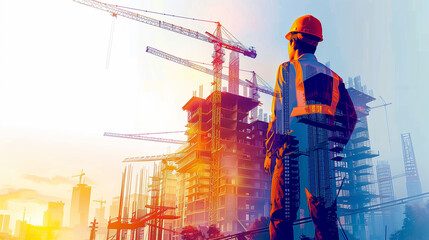 illustration digital building construction engineering with double exposure graphic design. Building engineers, architect people or construction workers working with modern civil equipment technology