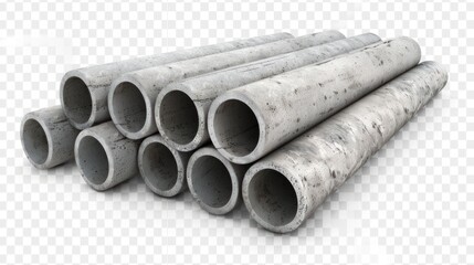 Fototapeta premium Stack of concrete pipes for building construction and pipeline isolate on transparency background PNG
