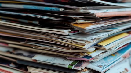 Close-Up of a Large Stack of Colorful Magazines and Newspapers in a Pile