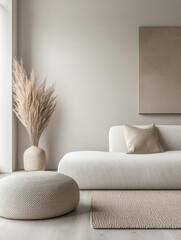 Scandinavian room interior design composition with a sofa, rug and a couch in soft tones