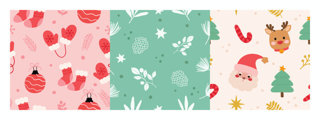 Merry christmas seamless pattern vector. Set of square cover design with santa, reindeer, tree, bauble, leaf, sock. Winter season illustration for fabric, wallpaper, packaging, wrapping paper, ads.