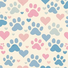 A pattern of hearts and paw prints on a white background