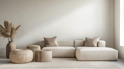 Scandinavian room interior design composition with a sofa, rug and a couch in soft tones