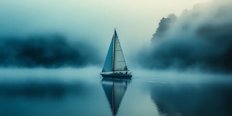Serene Sailboat Reflected on a Misty Morning Lake