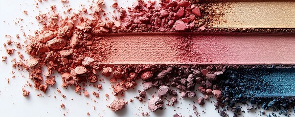 Fototapeta premium Colorful makeup powder scattered on a white background, showcasing a palette of hues for beauty enthusiasts and artists.