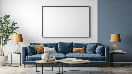 Comfortable living room. Sofa with cushions in front of pastel colored wall, White, blue and gold color scheme