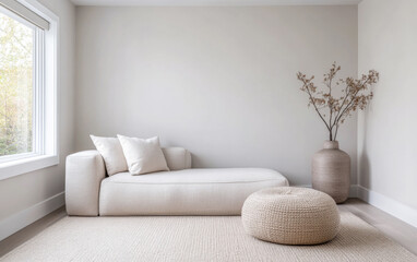 Scandinavian room interior design composition with a sofa, rug and a couch in soft tones