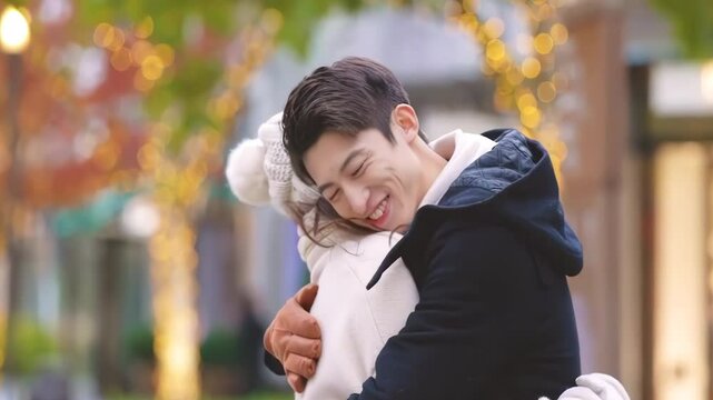 Happy man and woman love couple together eating dessert and chatting talking enjoying breakfast in cozy cafe outdoors in winter. Delicious food and relationship concept.