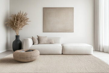 Scandinavian room interior design composition with a sofa, rug and a couch in soft tones