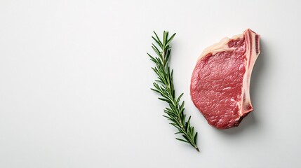 Raw ribeye steak with rosemary on a white background