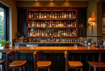 Elegant Bar Interior with Well-Stocked Shelves and Cozy Ambiance for Social Gatherings and Events