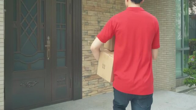 Delivery man Uniform smiles during express, courier holding a small package parcel Delivering goods to Customer's Home with Van Truck, door-to-door services.