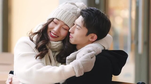 Happy man and woman love couple together eating dessert and chatting talking enjoying breakfast in cozy cafe outdoors in winter. Delicious food and relationship concept.