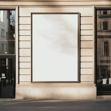 Fotografia de estilo mockup de marquesina en blanco,  para publicidad en una pared de un edificio, con tonos calidos