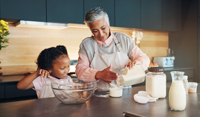 Baking, kid and helping grandmother with preparation for cookies, dessert and childhood development. Flour, baker woman and girl bonding in kitchen with teaching cake recipe, support and education