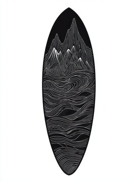 recommend clip art: A black and white illustration of a surfboard with a mountain range and waves.