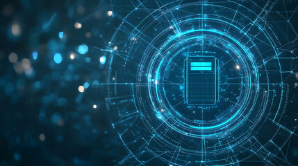 Obraz premium Abstract futuristic background with blue glowing circles and an icon of a battery in the center, a concept for technology or digital marketing, high resolution photography