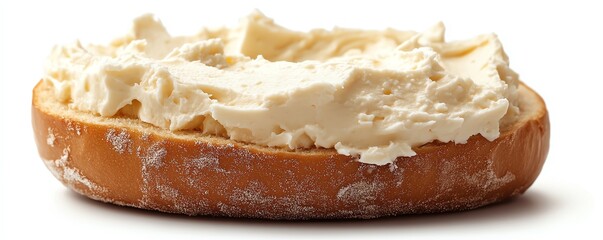 a block of cream cheese being spread on a bagel, soft and rich, smooth texture, isolated on white background
