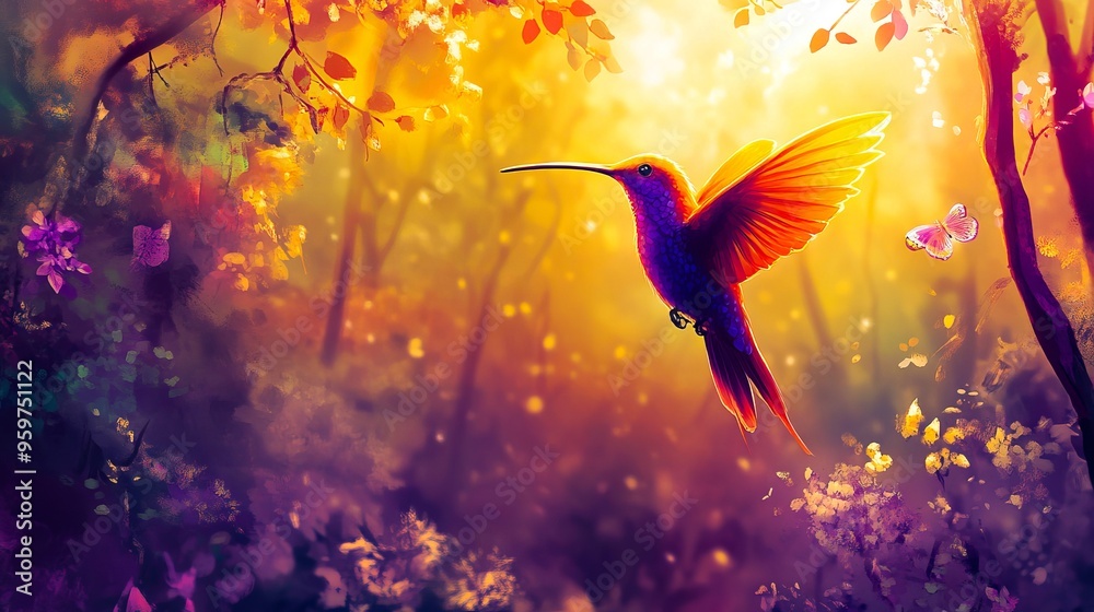 Wall mural a colorful hummingbird flying through a forest with a butterfly