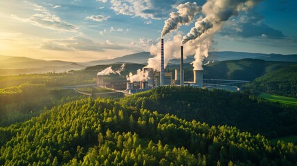 power plant with steam in the forest