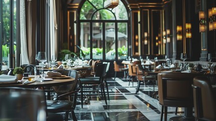 A restaurant interior with large windows,  black and white tiled floors, and a dining area with tables and chairs.