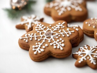 lose-up of decorated gingerbread cookies on white background