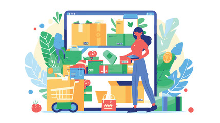 A woman chooses goods, pays online, and receives an order from a courier. Easy online shopping Vector flat illustrations