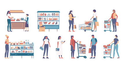 A woman chooses goods, pays online, and receives an order from a courier. Easy online shopping Vector flat illustrations