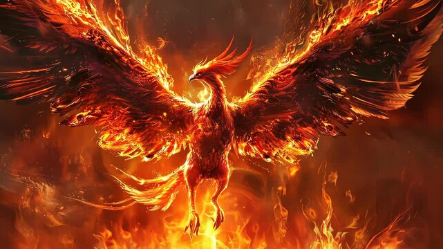 Fiery phoenix rising from flames, mythical creature illustration. Rebirth and renewal concept