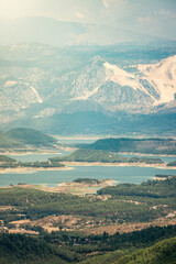 Aerial panoramic view of the Karacaoren Dam Lake on the Antalya - Isparta road