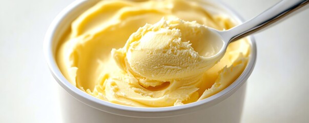 a container of margarine with a scoop taken out, smooth and creamy, isolated on white background