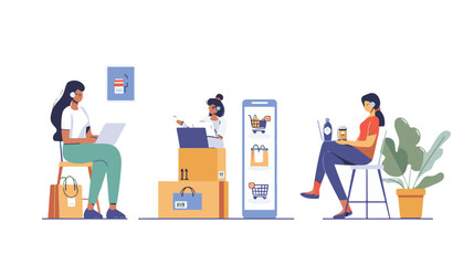 A woman chooses goods, pays online, and receives an order from a courier. Easy online shopping Vector flat illustrations