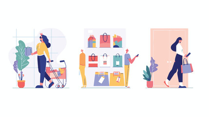 A woman chooses goods, pays online, and receives an order from a courier. Easy online shopping Vector flat illustrations