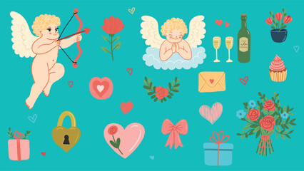Doodle set for valentine's day with angels, flowers, hearts and gifts. Handmade design elements. Stickers.