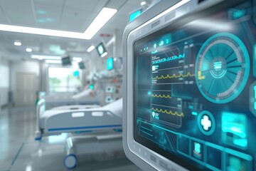 Obraz premium A modern hospital room with advanced medical equipment and monitoring screens, showcasing high-tech healthcare technology.
