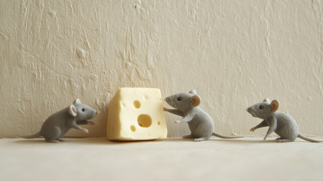 Tiny gray clay mice try to reach a piece of cheese they can't get to. They're against a plain beige wall.