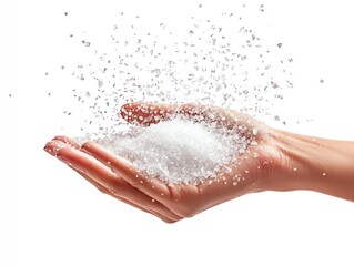 Fototapeta premium a handful of salt being thrown, dynamic movement, flying crystals, isolated on white background