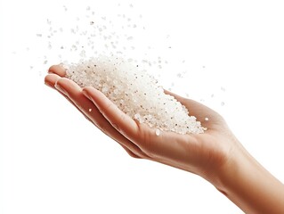 a handful of salt being thrown, dynamic movement, flying crystals, isolated on white background