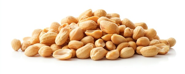 a handful of shelled peanuts, fresh and crunchy, natural beige tones, isolated on white background