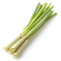 a lemongrass stalk with its outer layers peeled, fresh and clean, bright green, isolated on white background