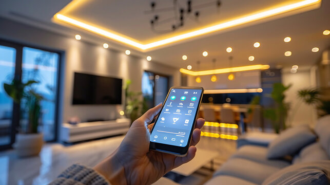 Close-up of a woman's hand holding a smartphone and setting up a smart home system by remotely controlling the thermostat of a smart air conditioner in the living room of her smart home. Smart living.