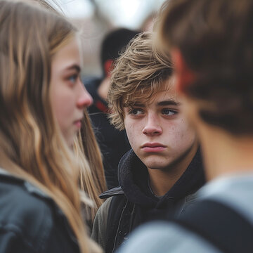 a teenage student boy in the crowd with a blank stare