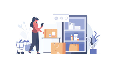 A woman chooses goods, pays online, and receives an order from a courier. Easy online shopping Vector flat illustrations