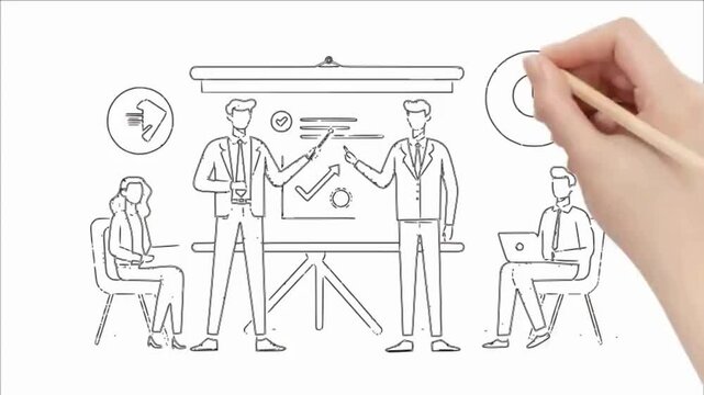 hand drawn animation on a whiteboard of four employees doing their business presentation using a projector screen