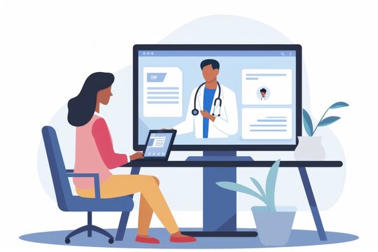 A woman using a tablet for virtual healthcare consultation with a doctor on a large monitor.